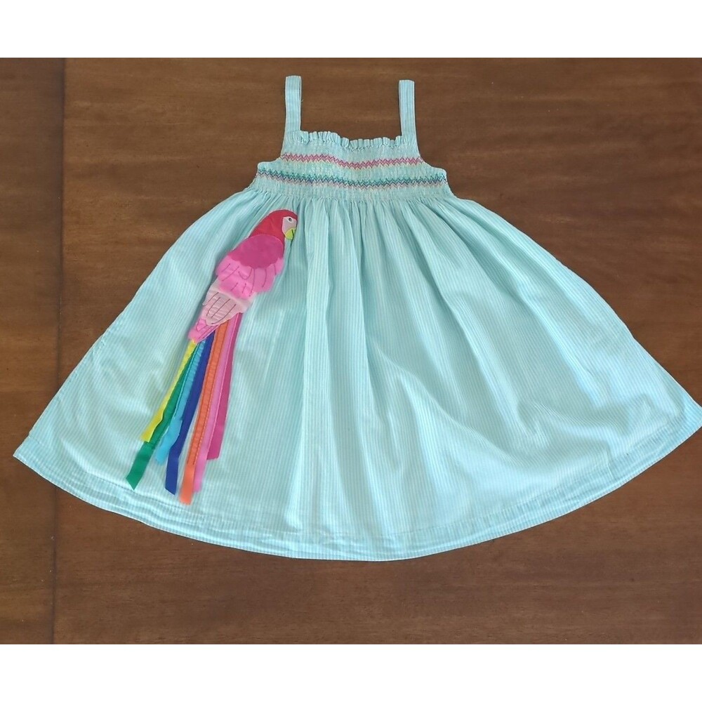 Mini Boden Girls Fun Appliqué Sun Dress Aqua Blue Ticking Parrot size 7/8 GUC - Picture 9 of 10